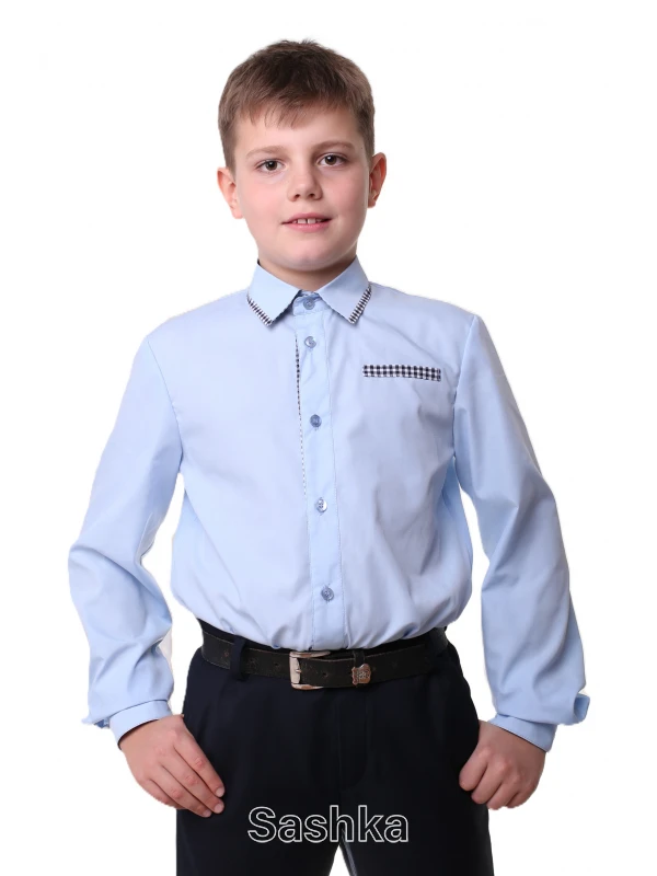 Сорочка для хлопчика блакитна з клітинкою шкільна класична, розмір 116-182